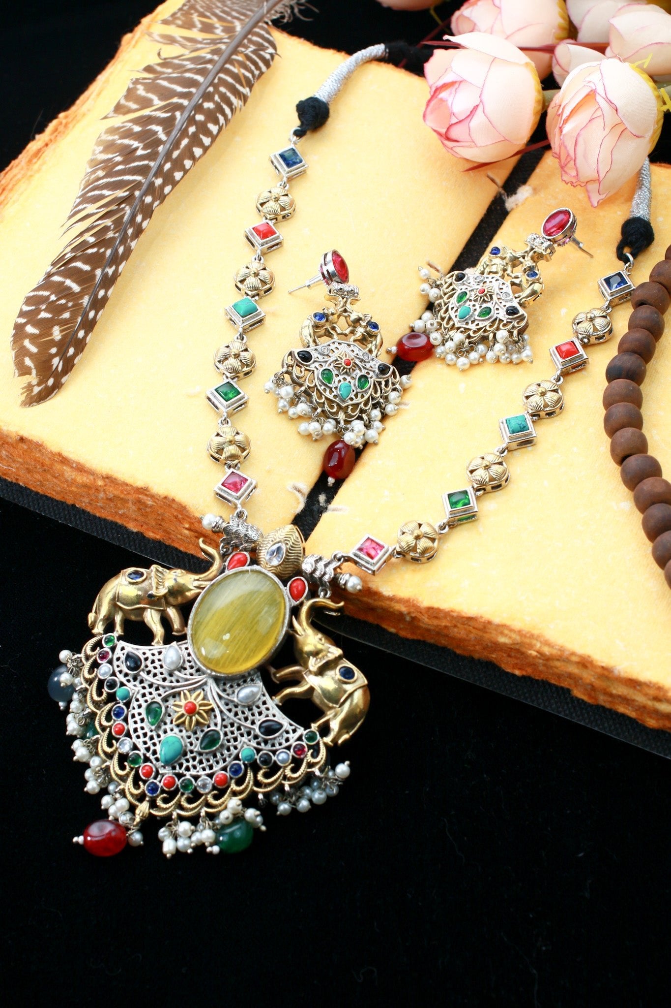 Grand Multicolor Elephant Temple Haram Necklace Set - Maxiblink