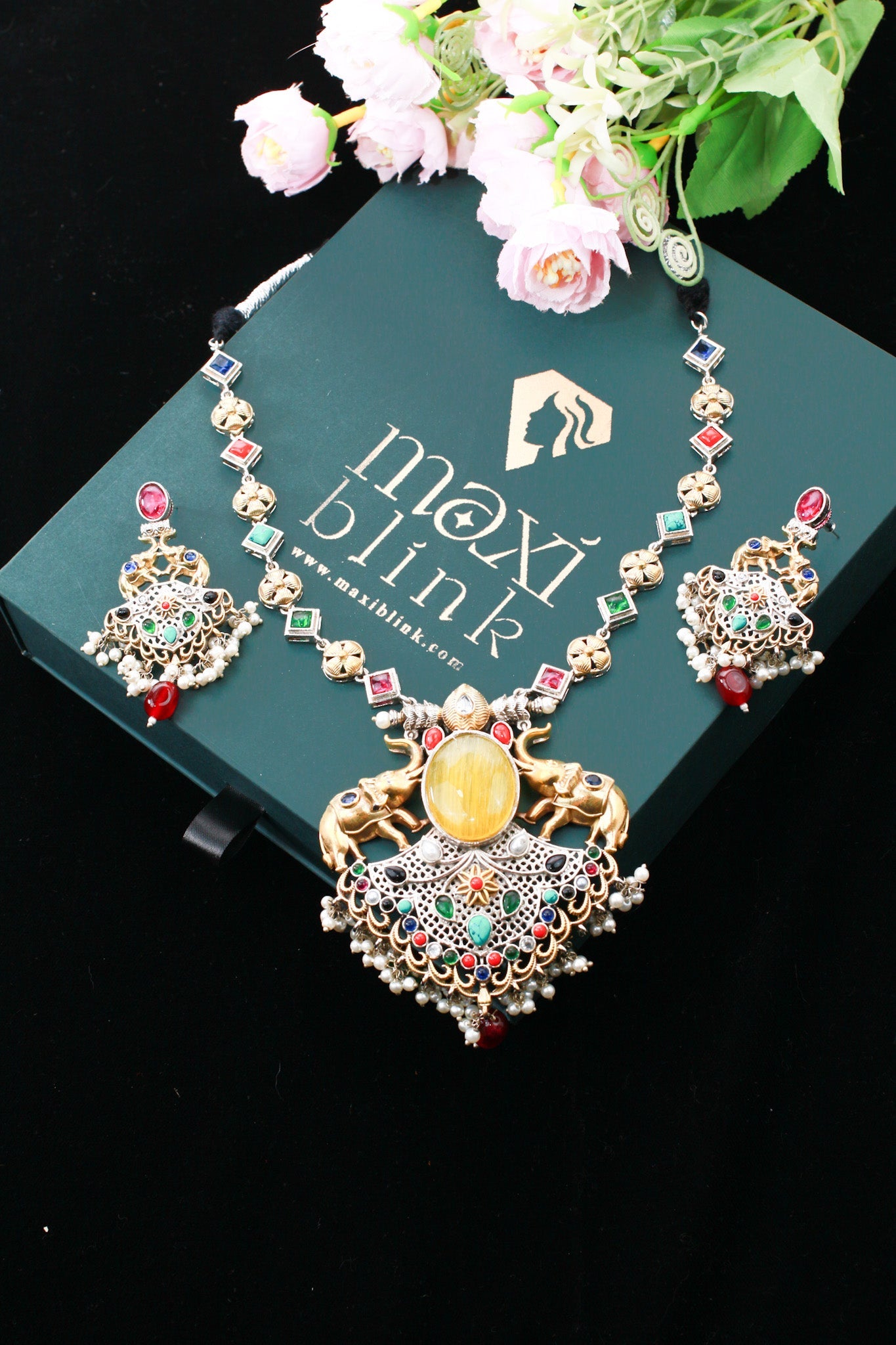 Grand Multicolor Elephant Temple Haram Necklace Set - Maxiblink