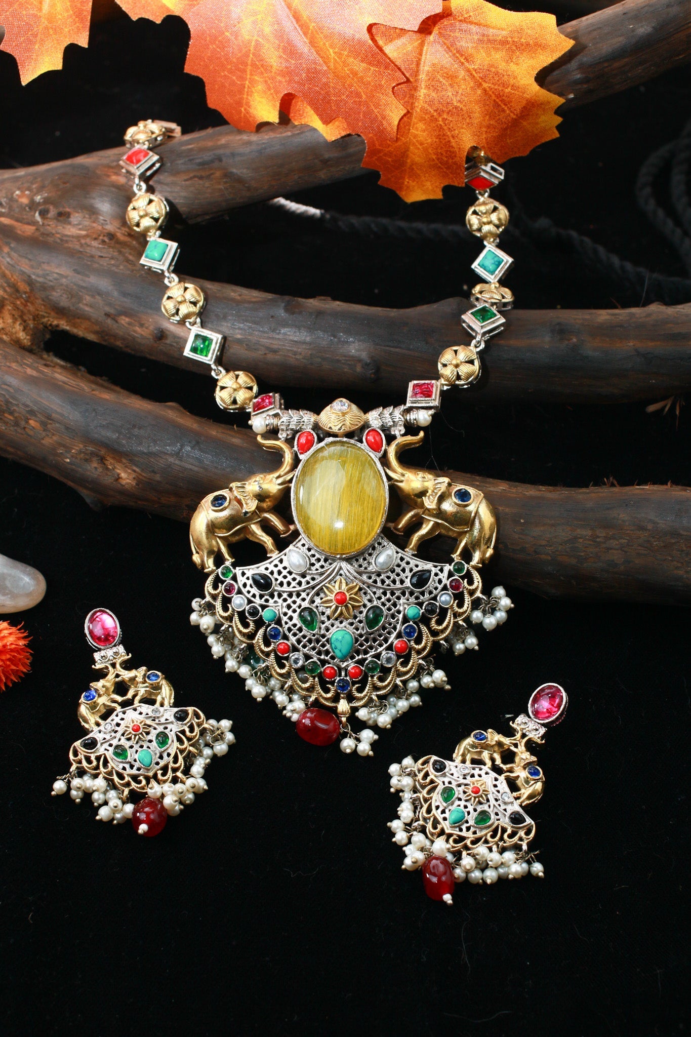 Grand Multicolor Elephant Temple Haram Necklace Set - Maxiblink