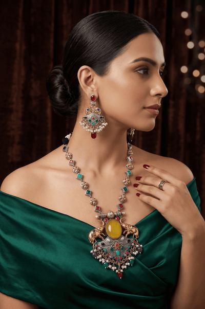 Grand Multicolor Elephant Temple Haram Necklace Set - Maxiblink