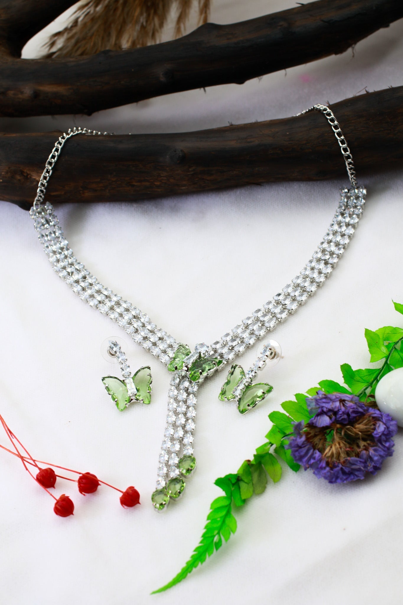 Green Butterfly Drop Korean Glass Stone Necklace Set | Statement Jewellery - Maxiblink