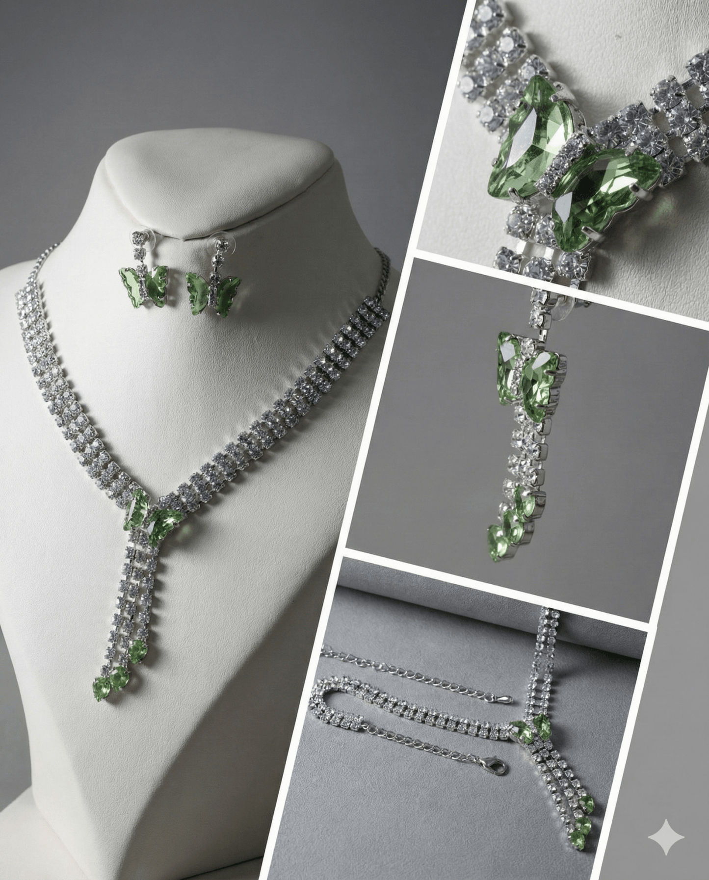 Green Butterfly Drop Korean Glass Stone Necklace Set | Statement Jewellery - Maxiblink