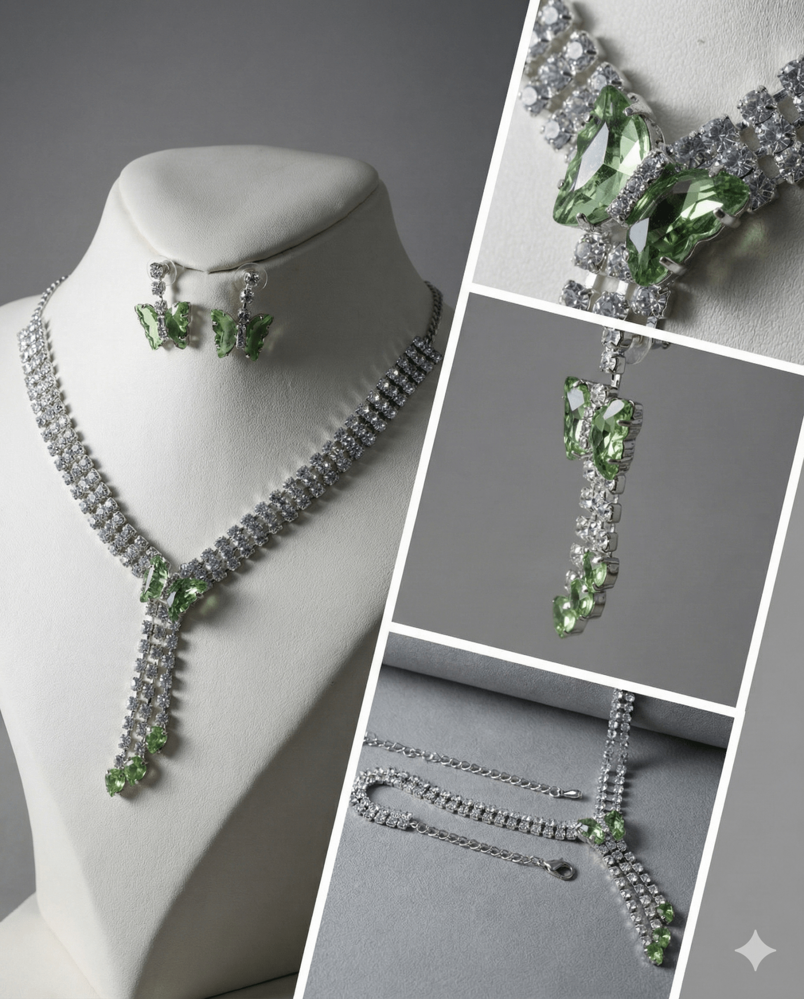 Green Butterfly Drop Korean Glass Stone Necklace Set | Statement Jewellery - Maxiblink