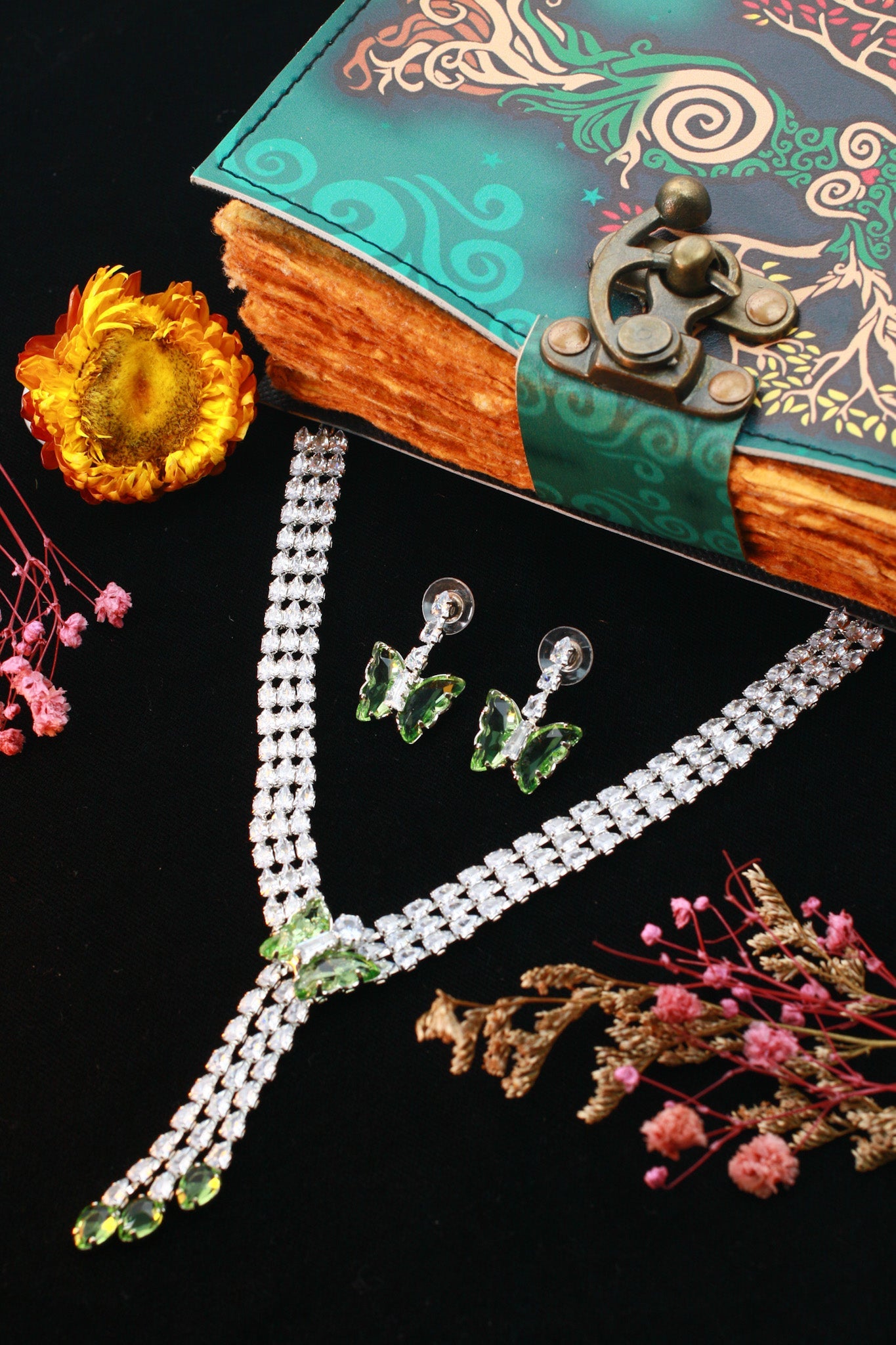 Green Butterfly Drop Korean Glass Stone Necklace Set | Statement Jewellery - Maxiblink