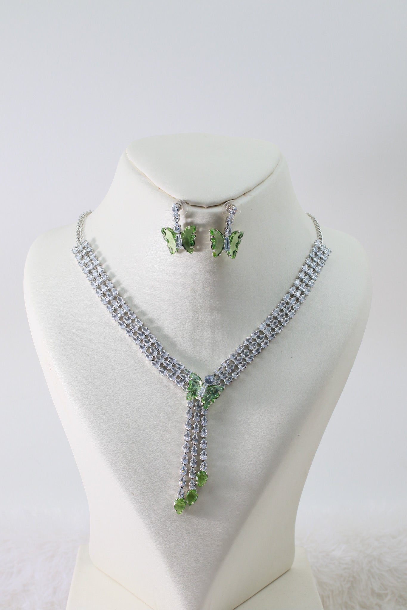 Green Butterfly Drop Korean Glass Stone Necklace Set | Statement Jewellery - Maxiblink