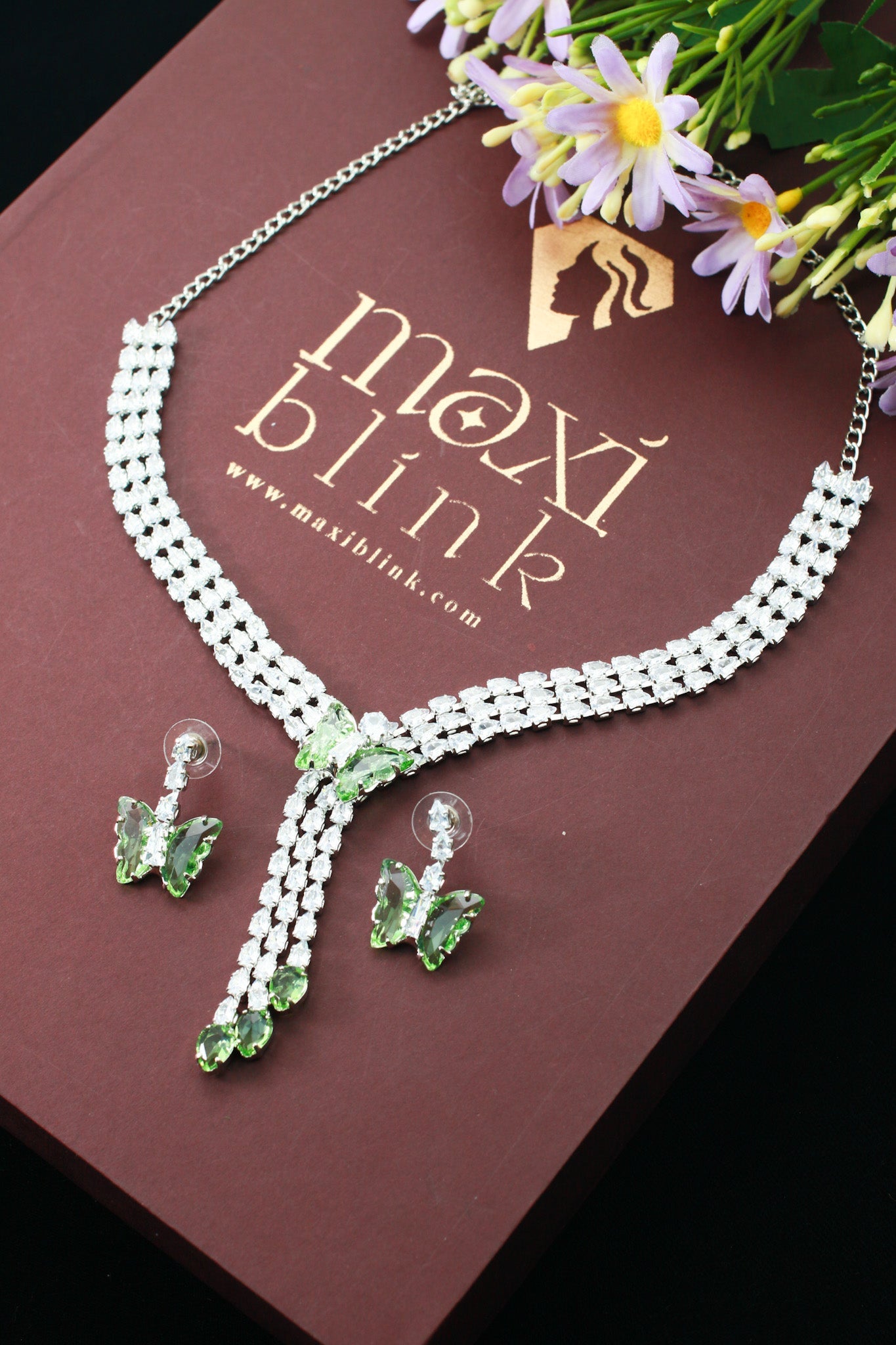 Green Butterfly Drop Korean Glass Stone Necklace Set | Statement Jewellery - Maxiblink