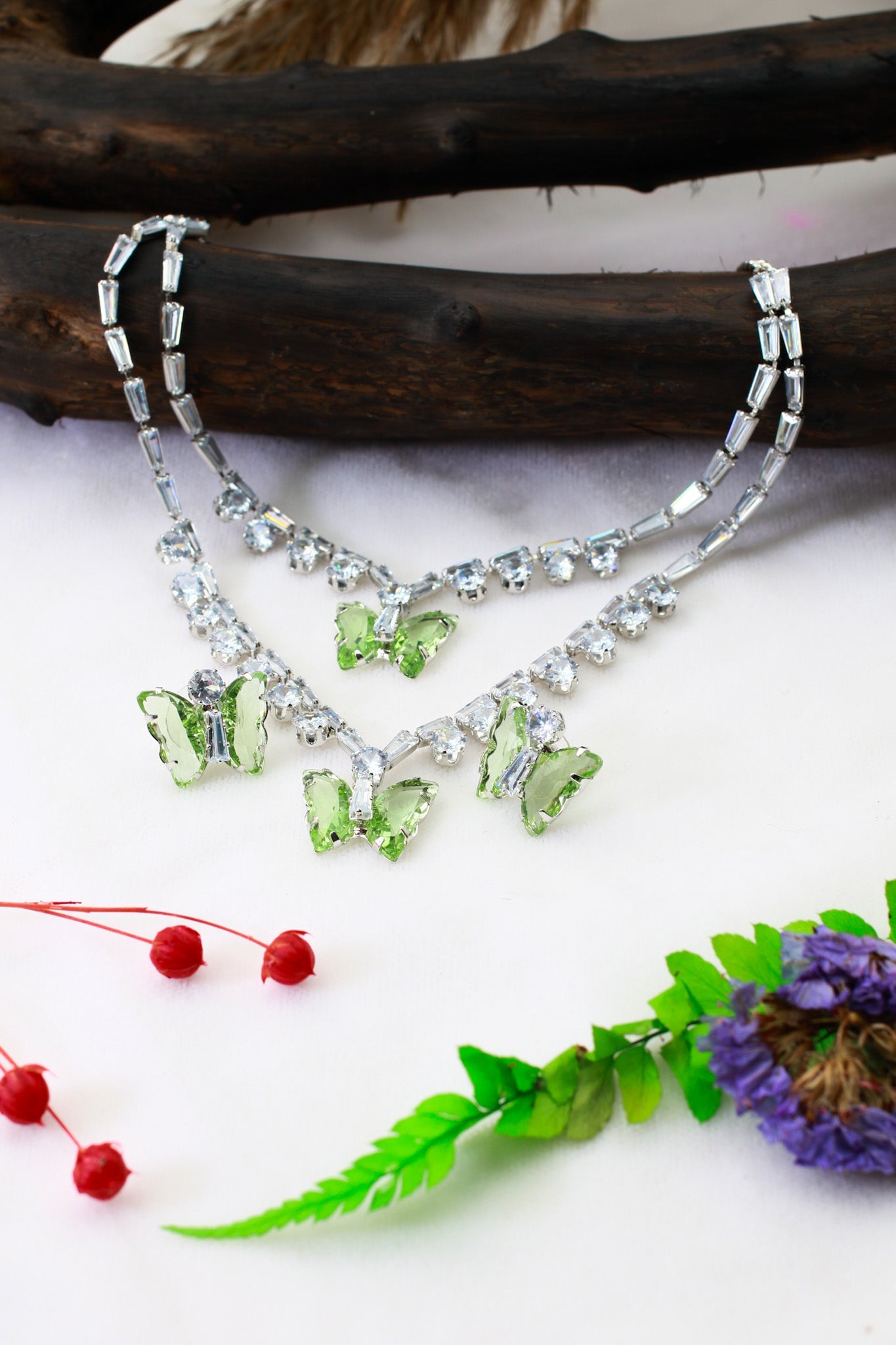 Green Butterfly Korean Glass Stone Necklace Set | Premium Crystal Jewellery - Maxiblink