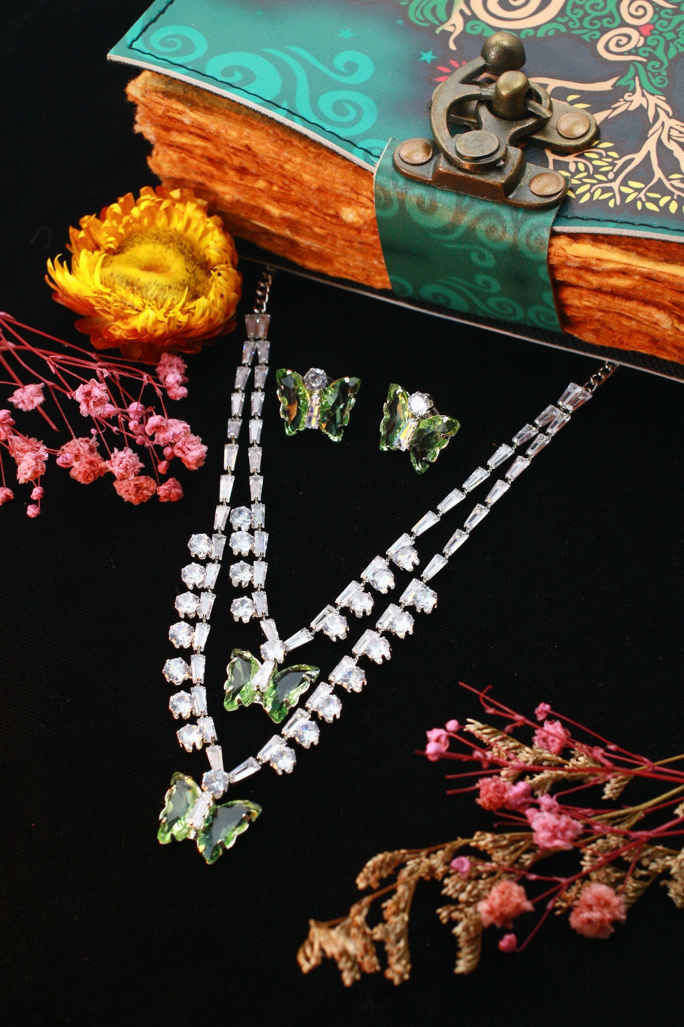 Green Butterfly Korean Glass Stone Necklace Set | Premium Crystal Jewellery - Maxiblink