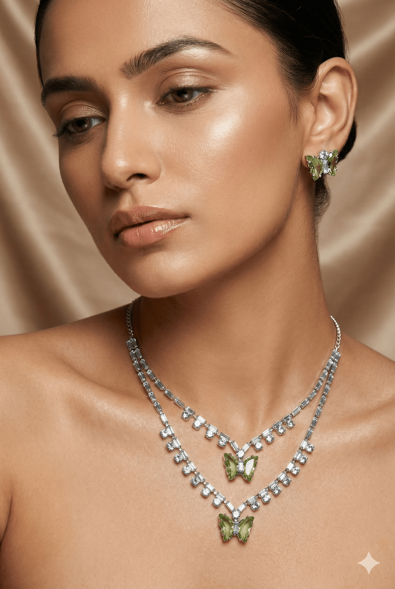 Green Butterfly Korean Glass Stone Necklace Set | Premium Crystal Jewellery - Maxiblink