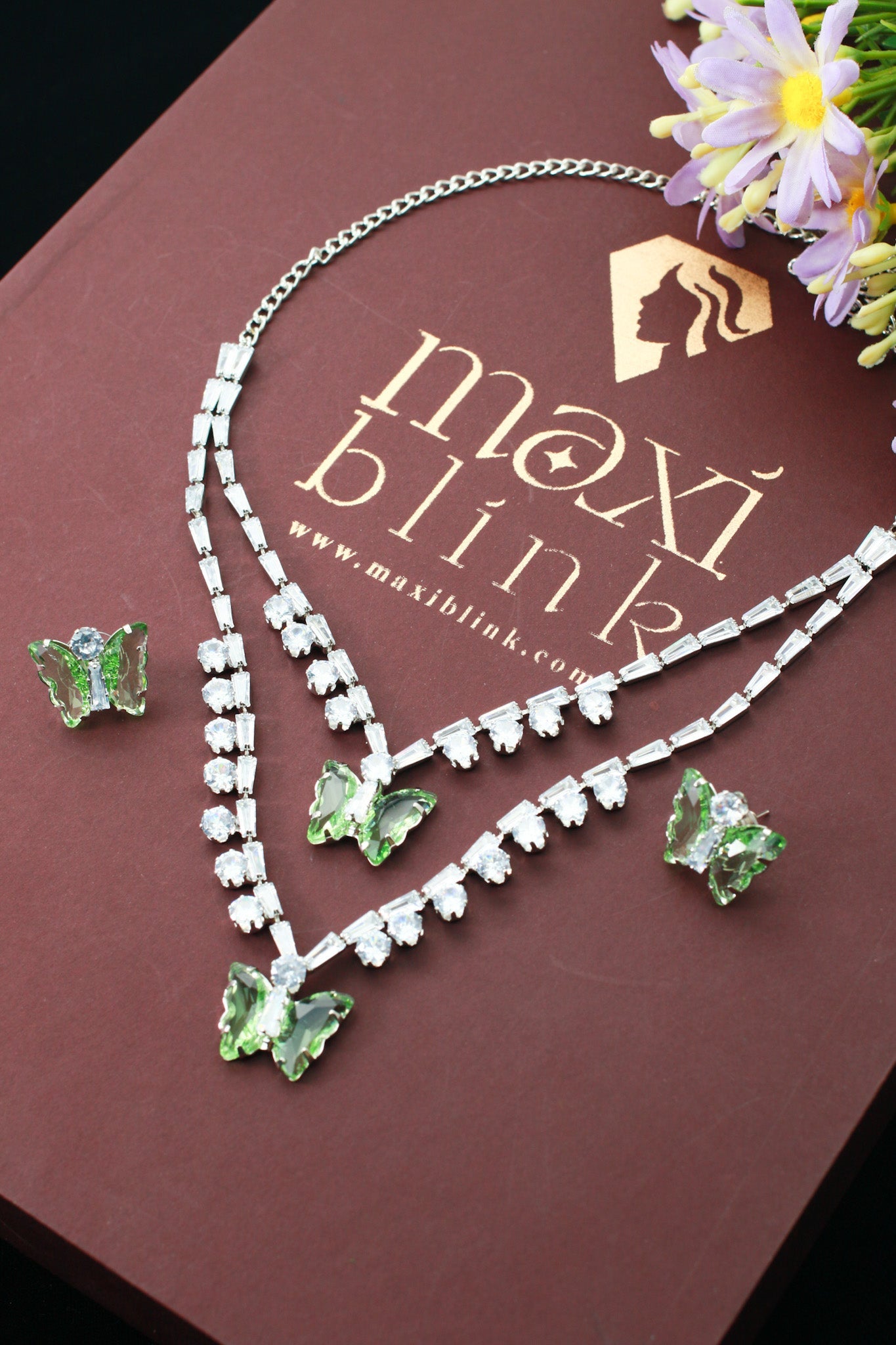 Green Butterfly Korean Glass Stone Necklace Set | Premium Crystal Jewellery - Maxiblink