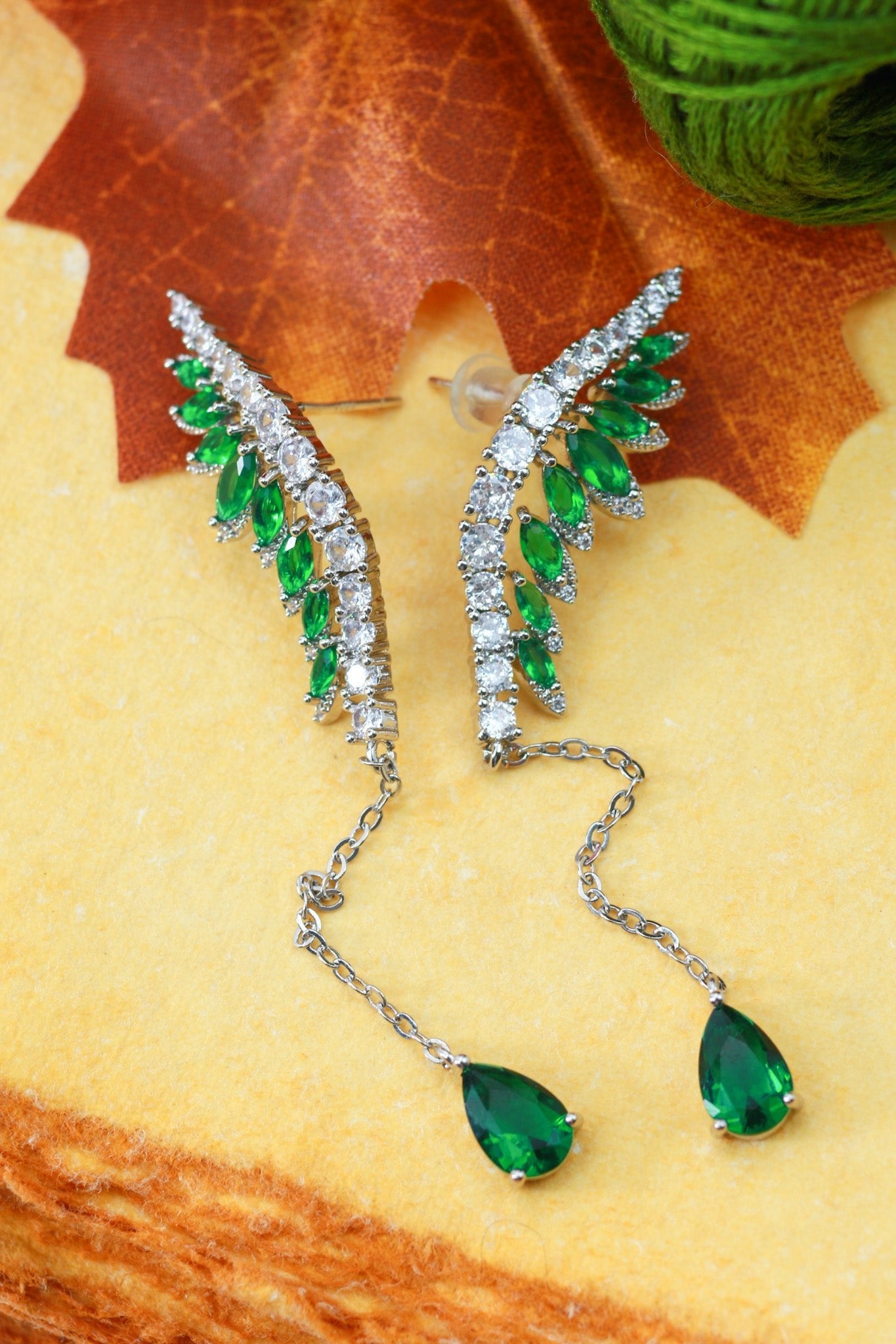 Green Crystal Ear Climber with Teardrop Chain Drop - Maxiblink