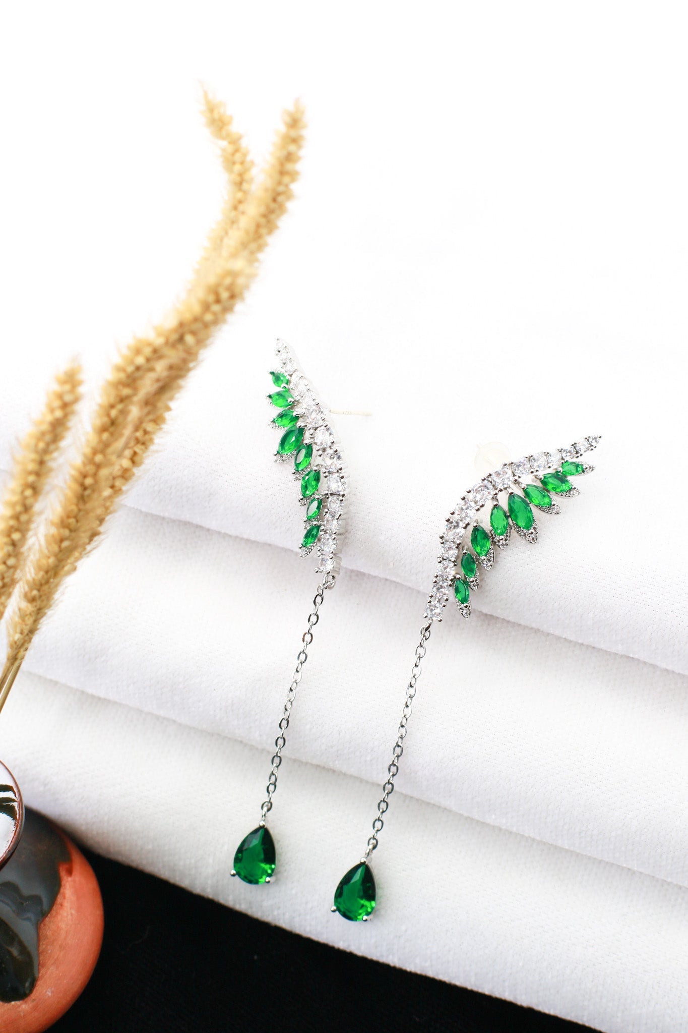 Green Crystal Ear Climber with Teardrop Chain Drop - Maxiblink