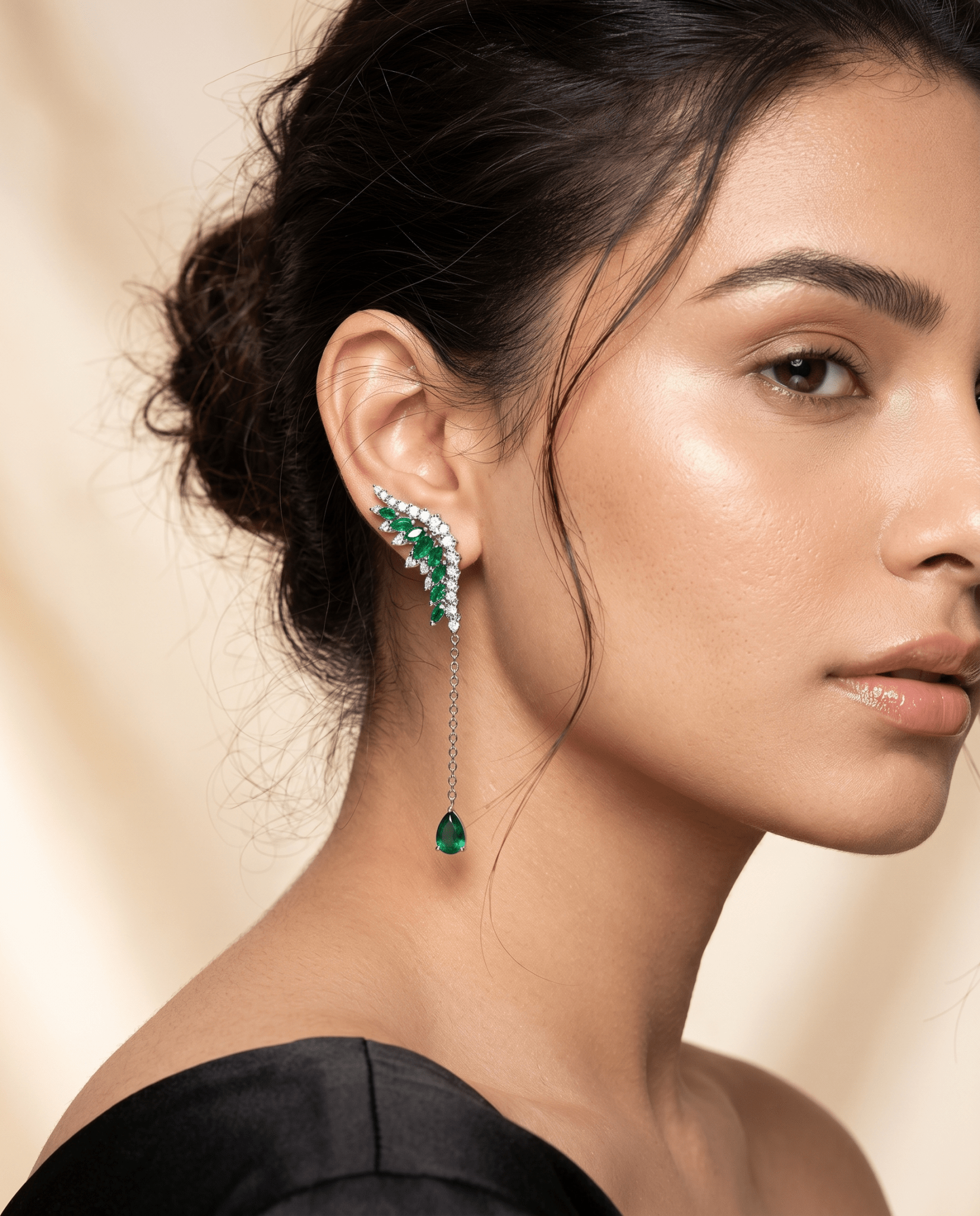 Green Crystal Ear Climber with Teardrop Chain Drop - Maxiblink