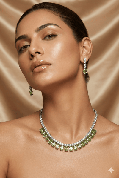 Green Korean Glass Stone Necklace Set | Premium Crystal Jewellery - Maxiblink