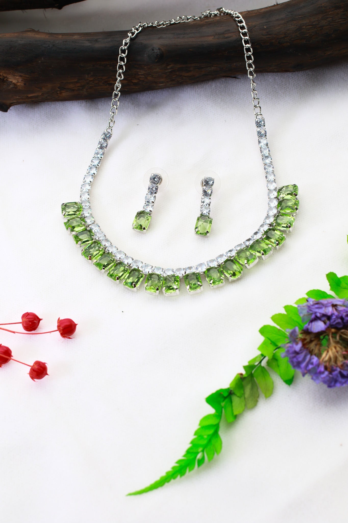 Green Korean Glass Stone Necklace Set | Premium Crystal Jewellery - Maxiblink