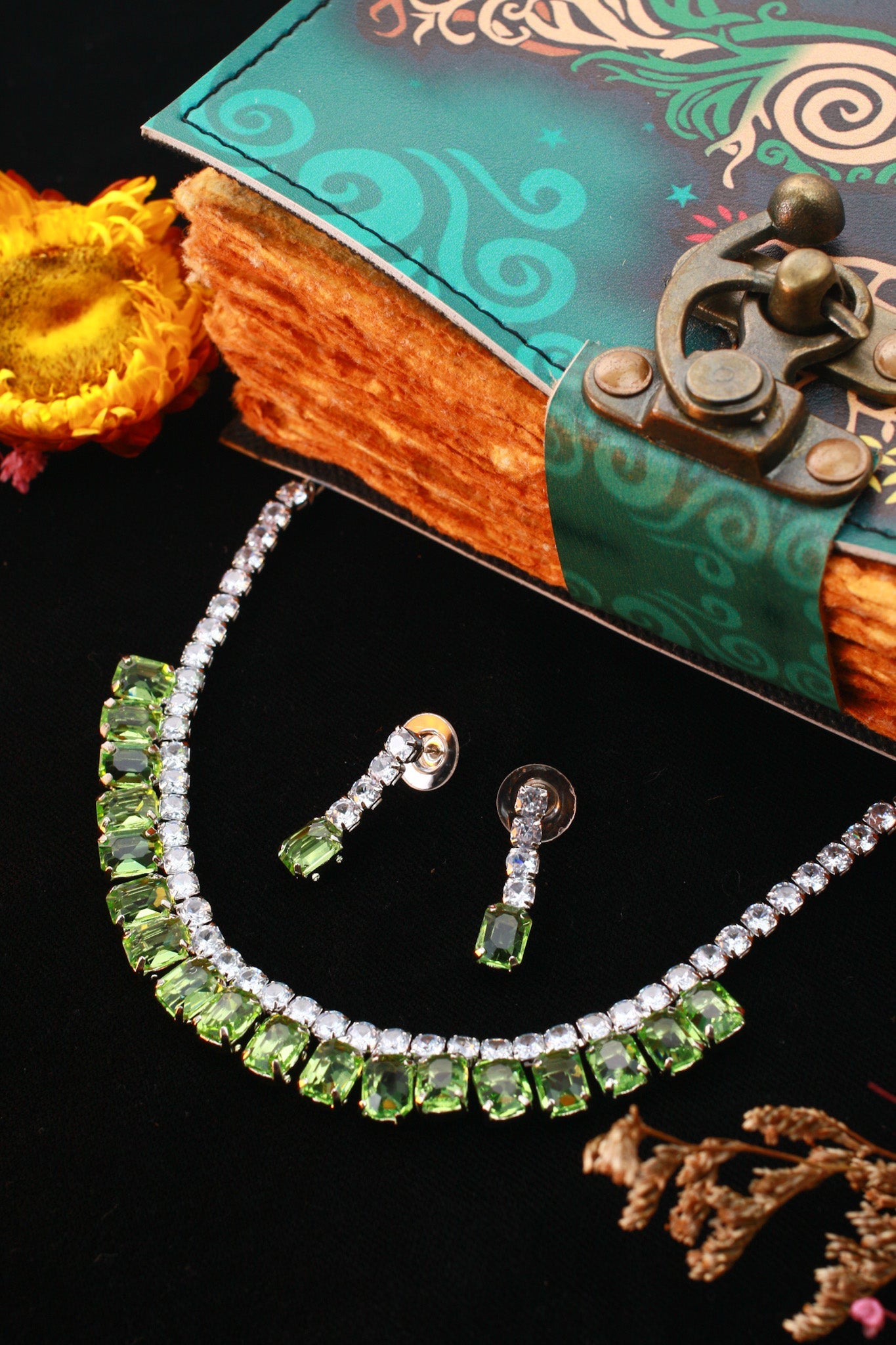 Green Korean Glass Stone Necklace Set | Premium Crystal Jewellery - Maxiblink