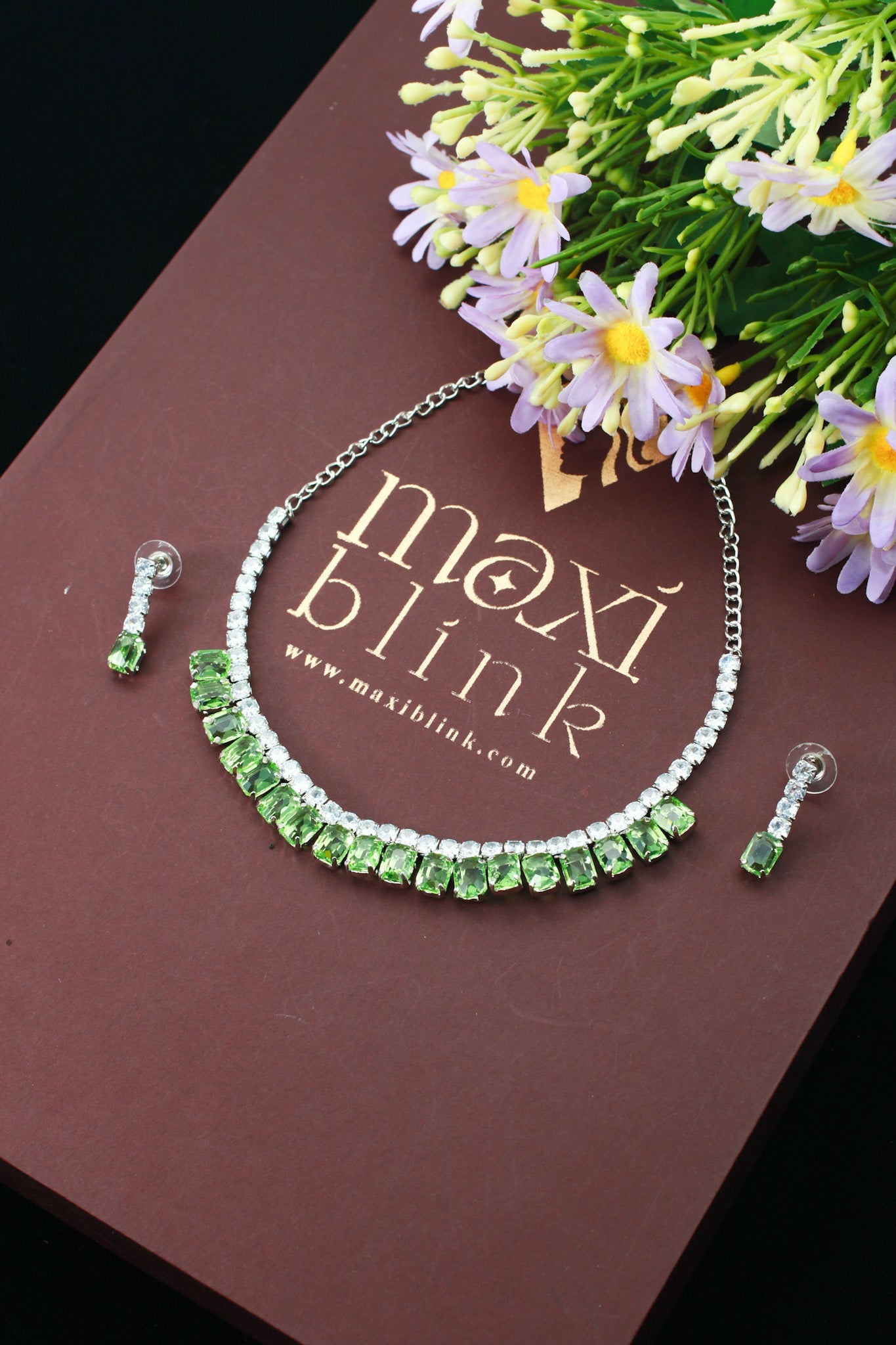 Green Korean Glass Stone Necklace Set | Premium Crystal Jewellery - Maxiblink