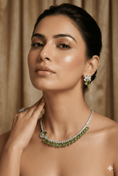 Green Korean Glass Stone Necklace Set | Premium Festive Jewellery - Maxiblink