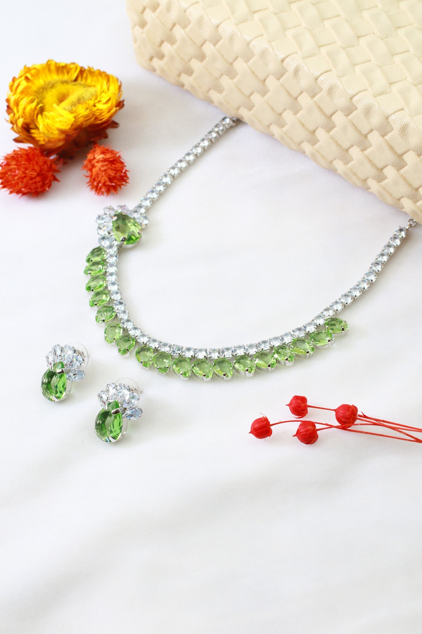 Green Korean Glass Stone Necklace Set | Premium Festive Jewellery - Maxiblink