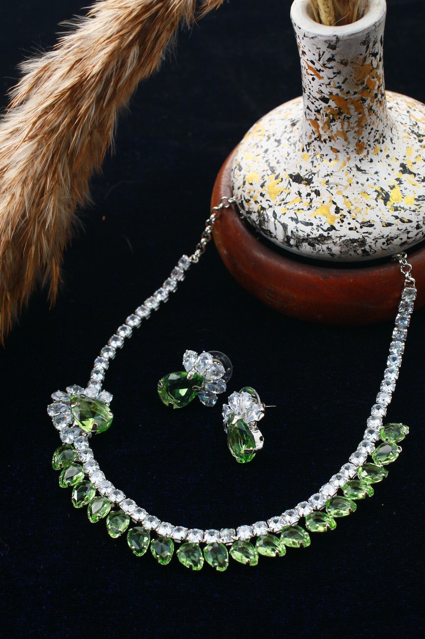 Green Korean Glass Stone Necklace Set | Premium Festive Jewellery - Maxiblink