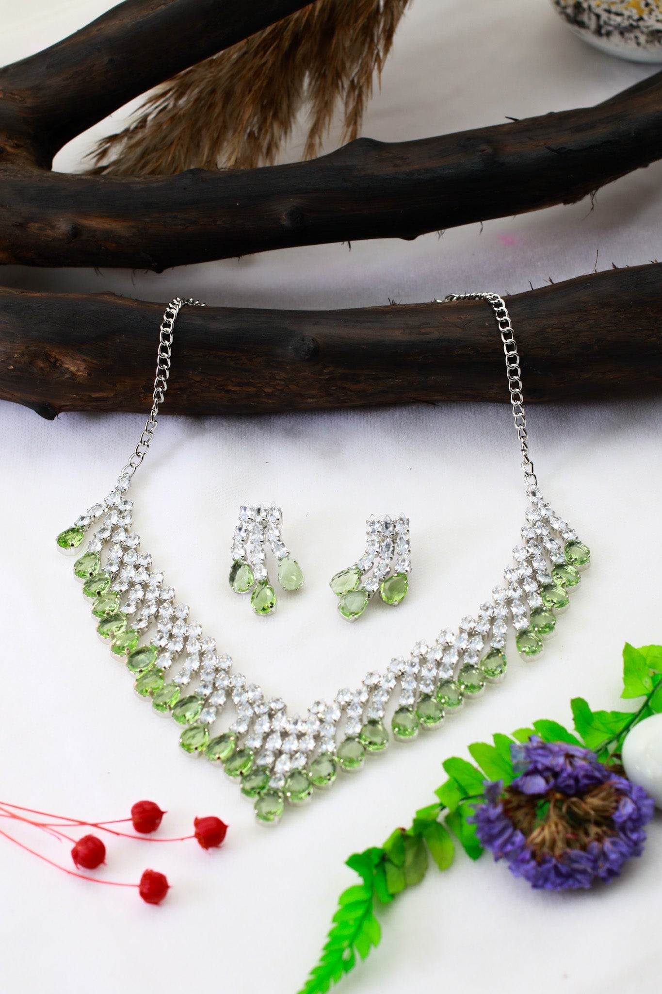 Green Layered Korean Glass Stone Necklace Set | Premium Jewellery - Maxiblink