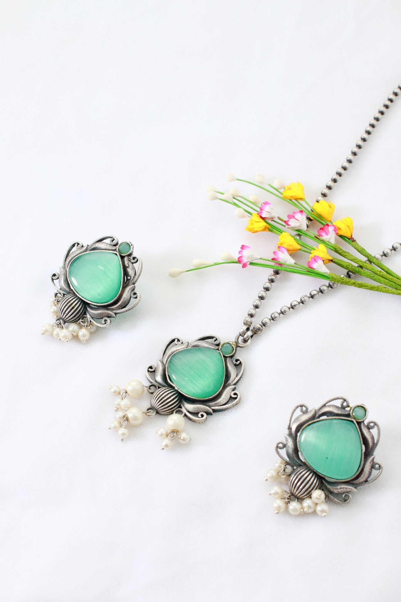Green Monalisa Lotus Pendant Set with Earrings & Pearls | Oxidised German Silver - Maxiblink