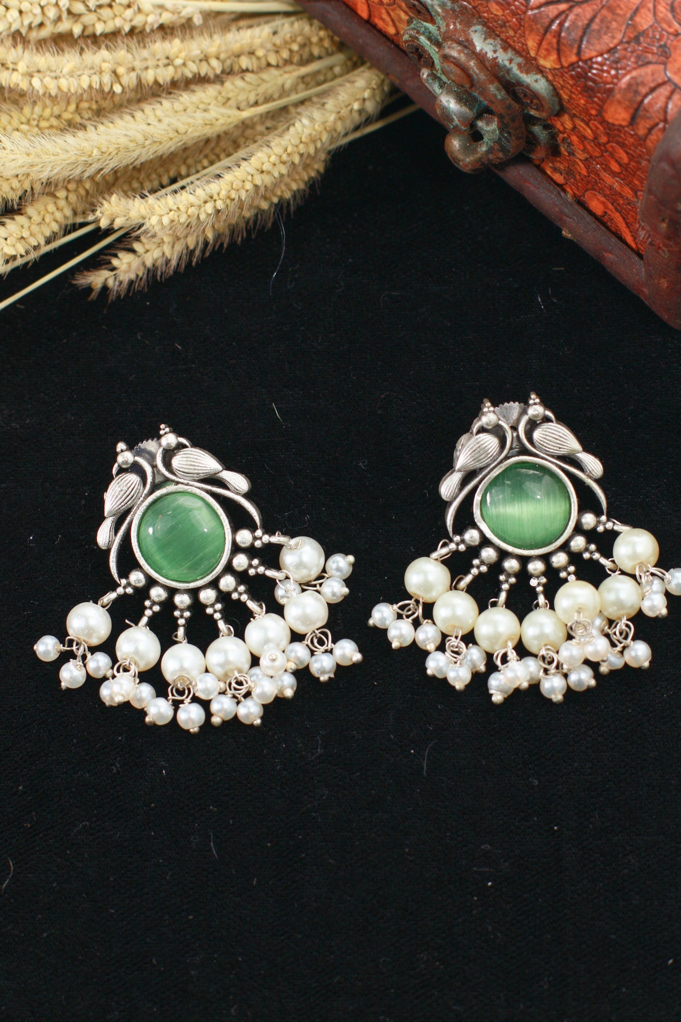 Green Monalisa Round Studs with Pearl Cluster | Oxidised German Silver - Maxiblink