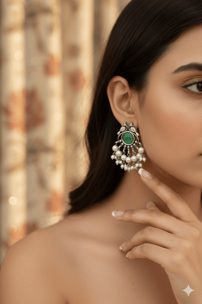Green Monalisa Round Studs with Pearl Cluster | Oxidised German Silver - Maxiblink