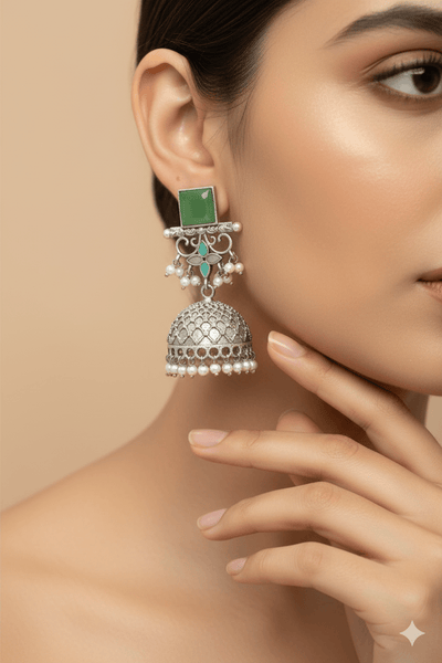 Green Monalisa Stone Dome Shaped Oxidised Jhumka Earrings - Maxiblink