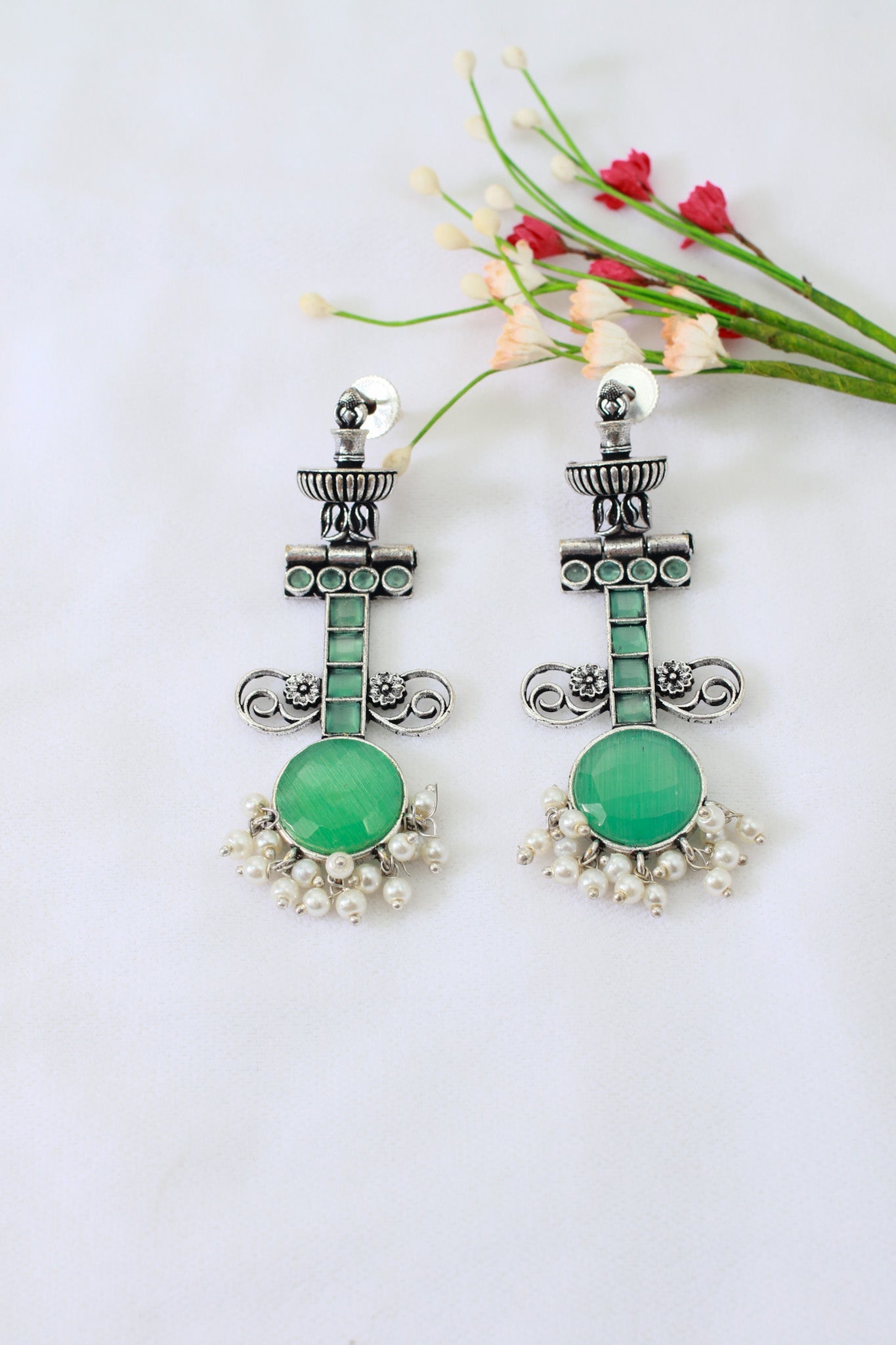 Green Monalisa Stone German Silver Antique Earrings - Maxiblink
