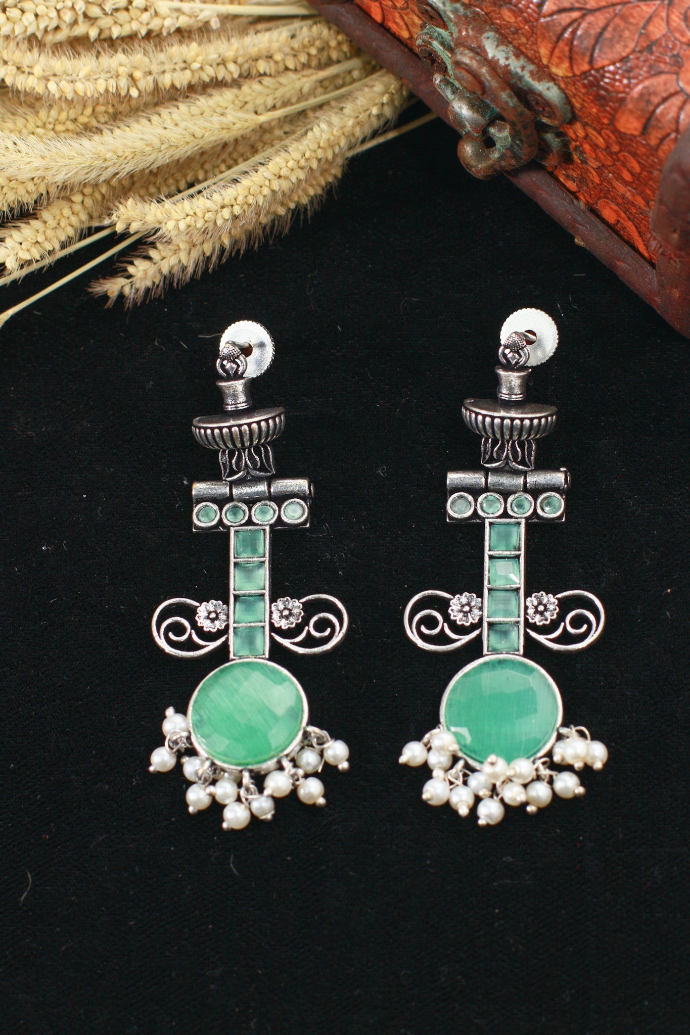 Green Monalisa Stone German Silver Antique Earrings - Maxiblink