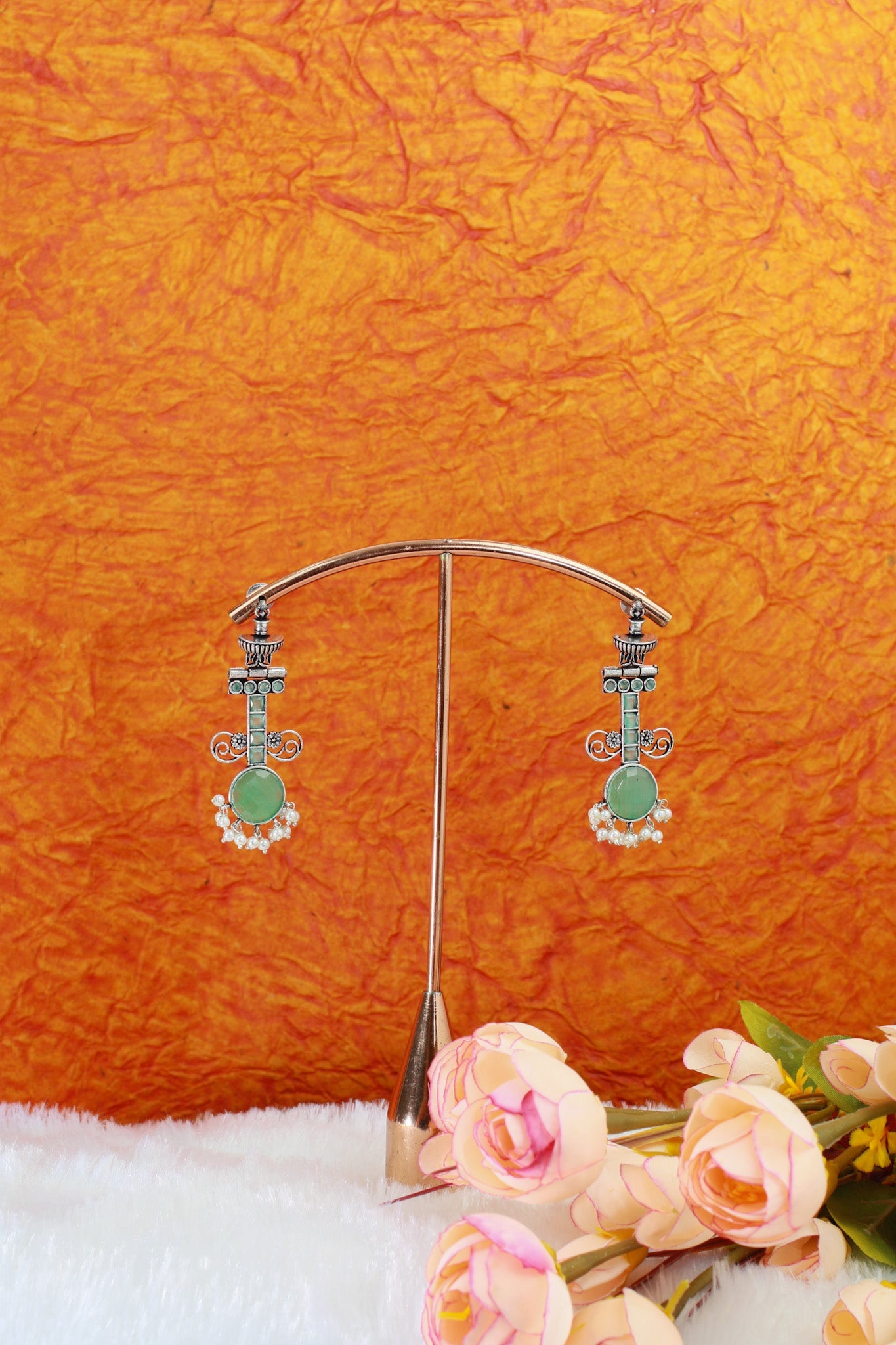 Green Monalisa Stone German Silver Antique Earrings - Maxiblink