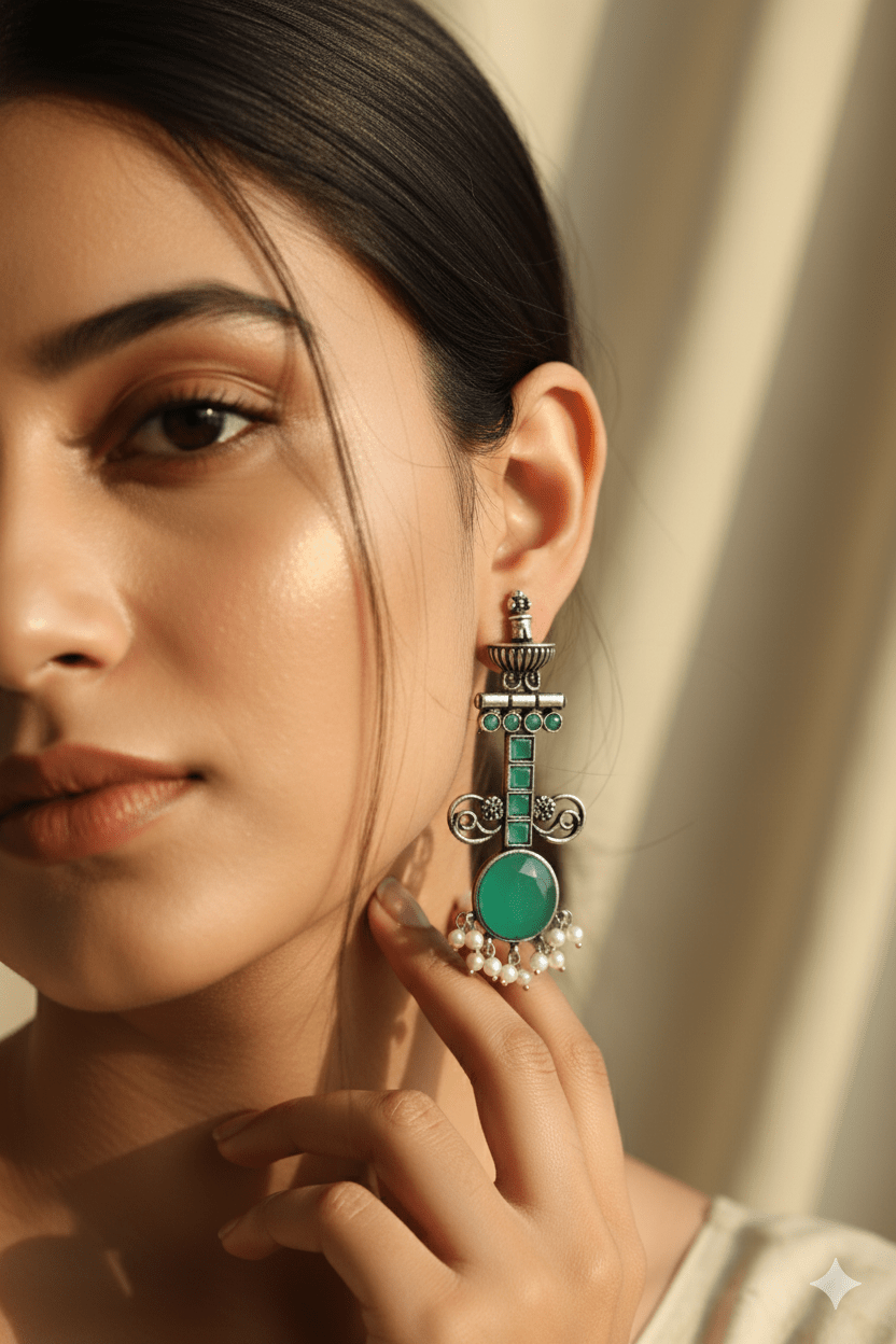 Green Monalisa Stone German Silver Antique Earrings - Maxiblink