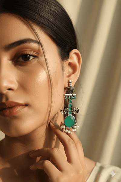 Green Monalisa Stone German Silver Antique Earrings - Maxiblink