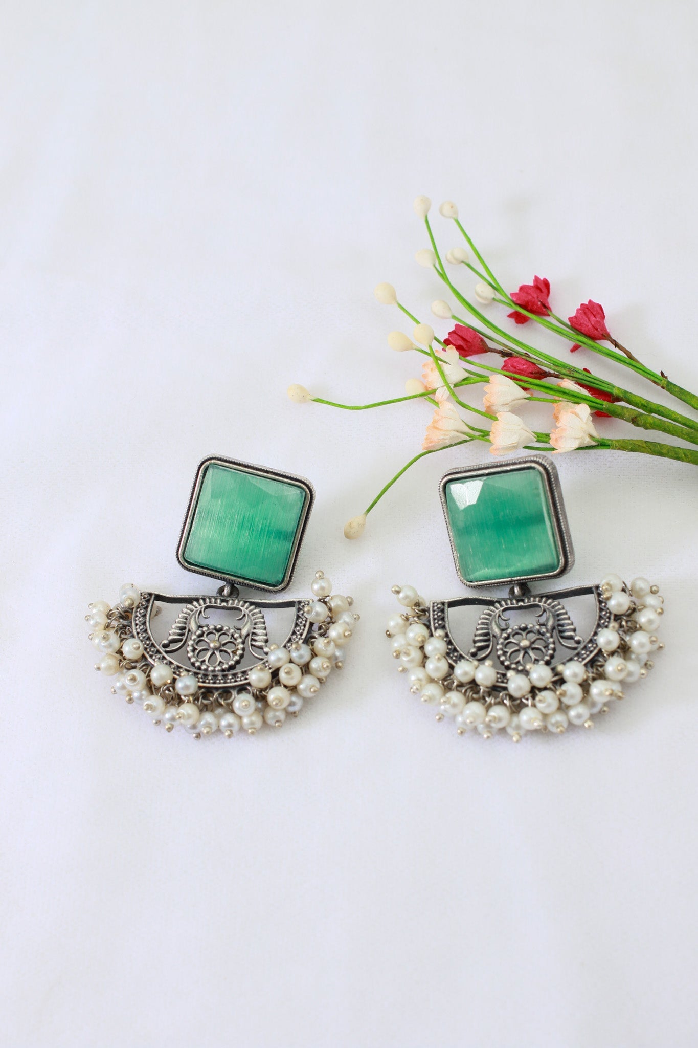 Green Monalisa Stone Half - Moon Oxidised German Silver Earrings with Pearl Tassels - Maxiblink