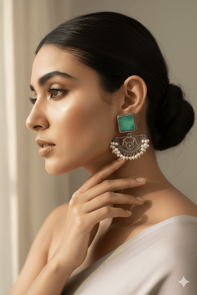 Green Monalisa Stone Half - Moon Oxidised German Silver Earrings with Pearl Tassels - Maxiblink