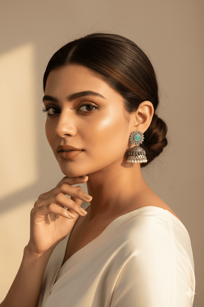 Green Monalisa Stone Oxidised German Silver Jhumka Earrings with Pearl Drops - Maxiblink