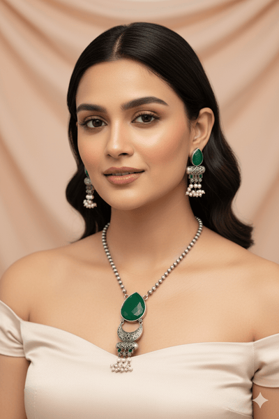 Green Monalisa Teardrop Pendant Set with Pearls | Oxidised German Silver - Maxiblink