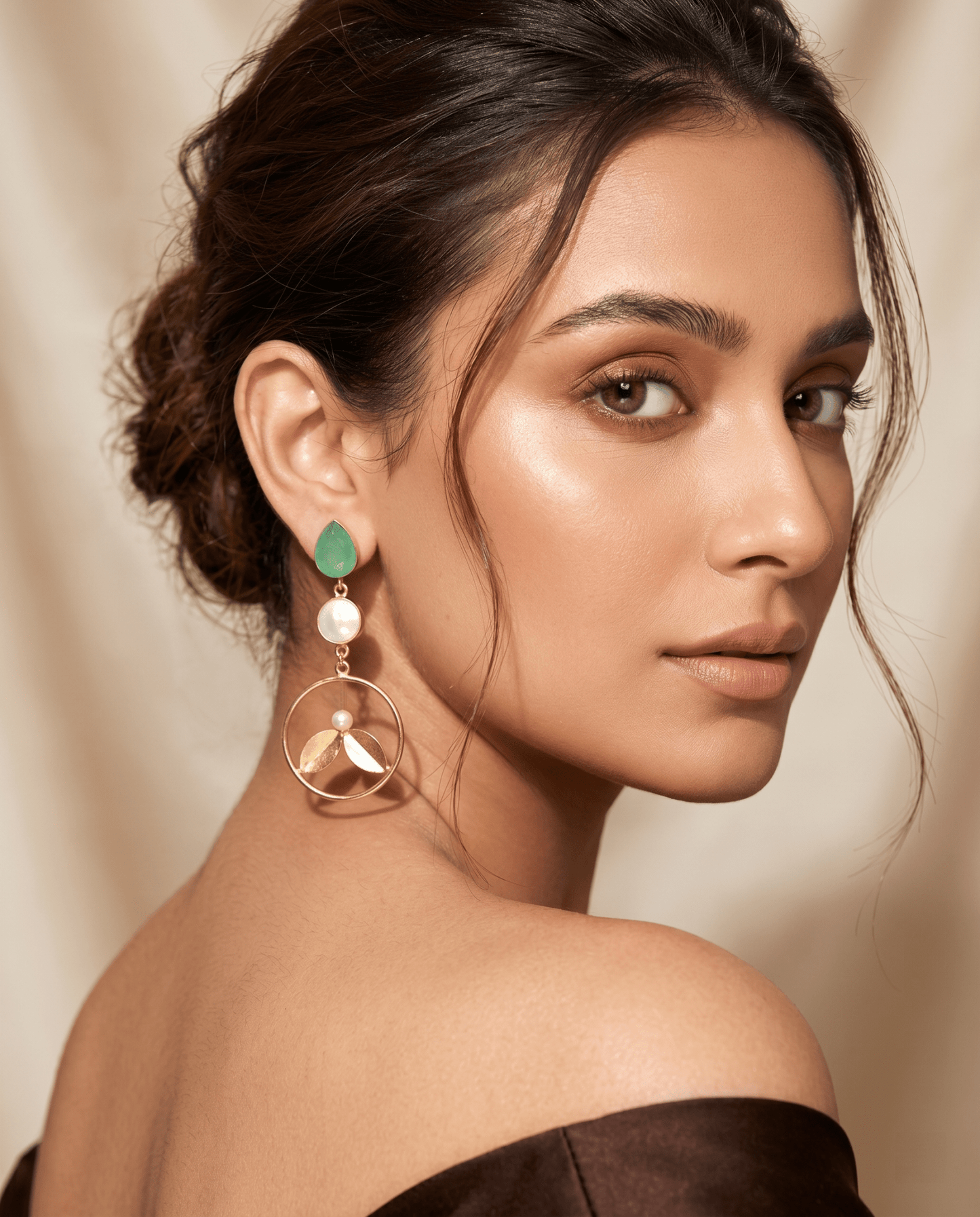 Green Onyx & Pearl Hoop Drop Earrings – Gold Plated Brass - Maxiblink