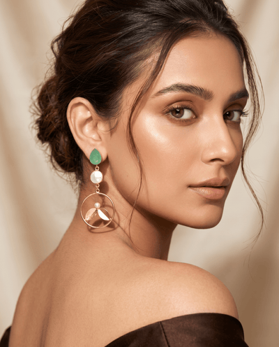 Green Onyx & Pearl Hoop Drop Earrings – Gold Plated Brass - Maxiblink