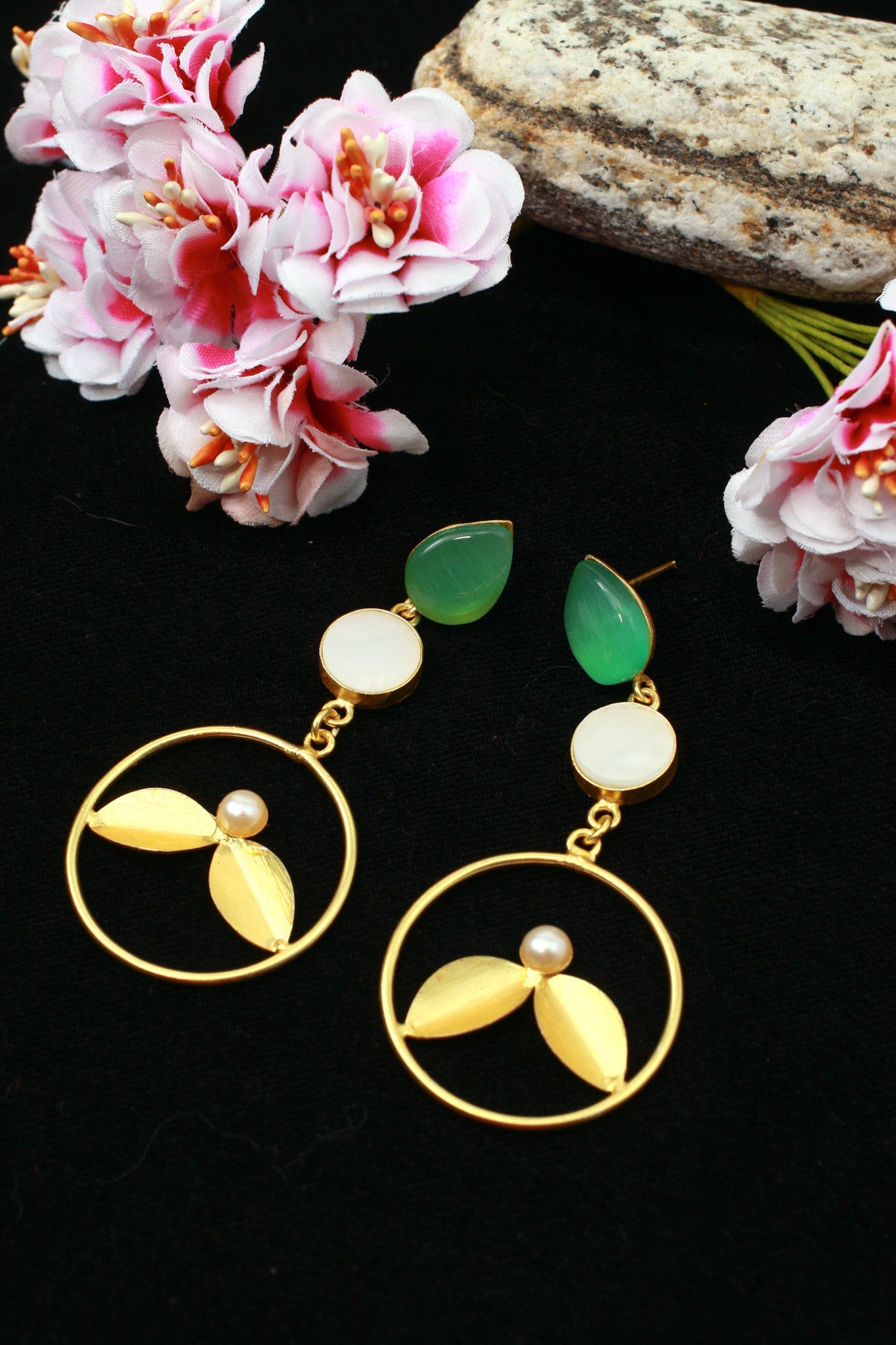 Green Onyx & Pearl Hoop Drop Earrings – Gold Plated Brass - Maxiblink