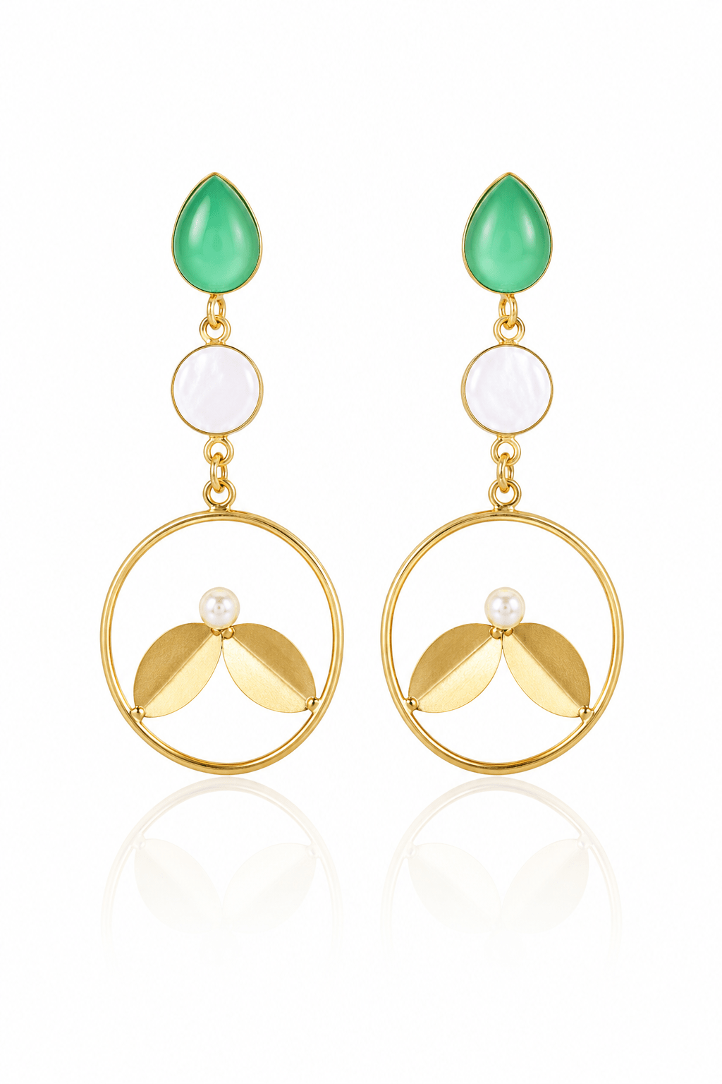 Green Onyx & Pearl Hoop Drop Earrings – Gold Plated Brass - Maxiblink
