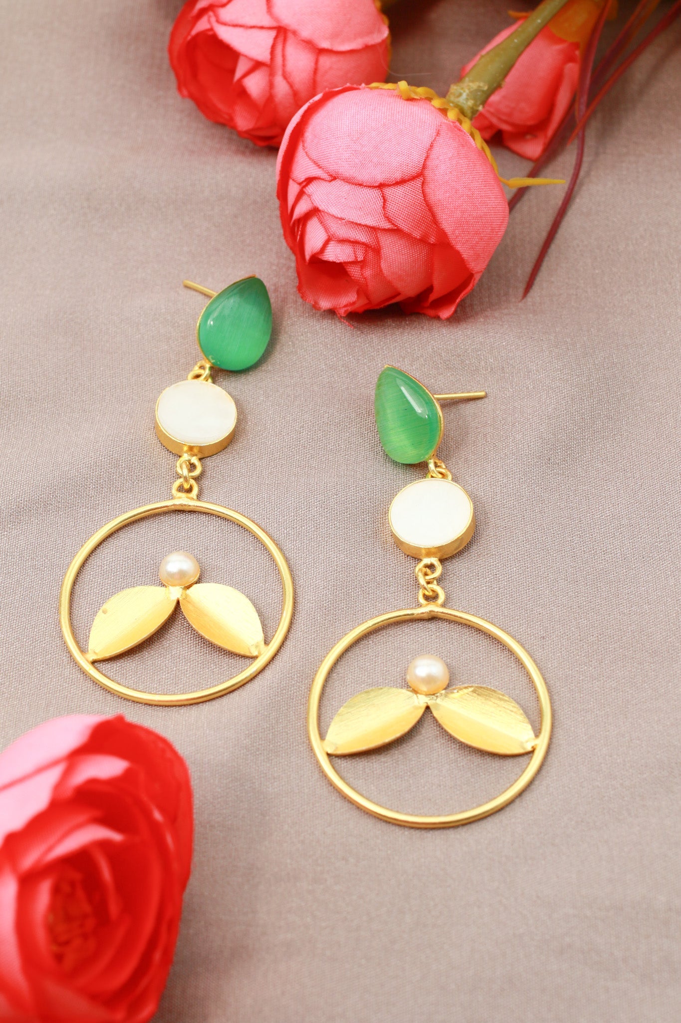 Green Onyx & Pearl Hoop Drop Earrings – Gold Plated Brass - Maxiblink