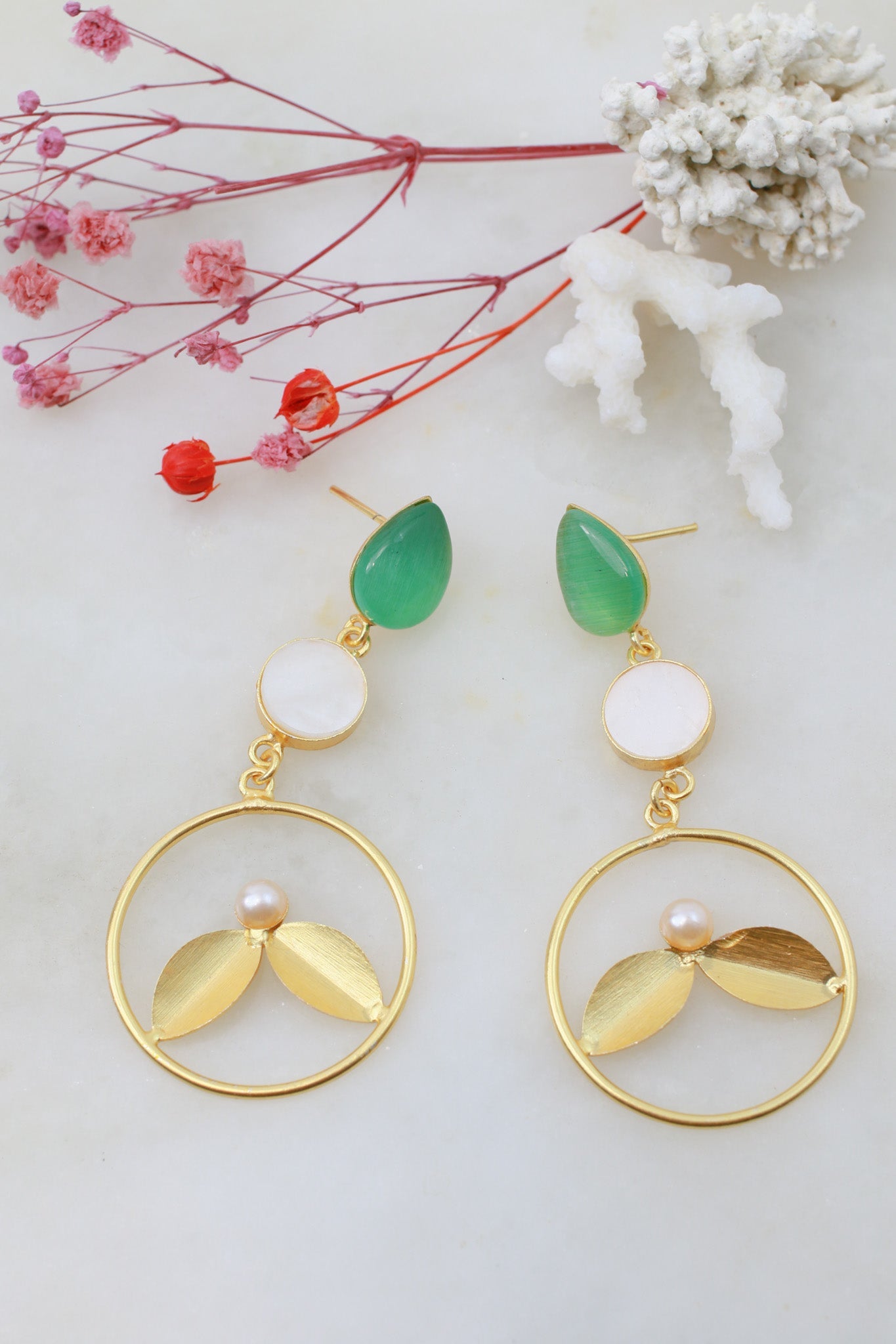 Green Onyx & Pearl Hoop Drop Earrings – Gold Plated Brass - Maxiblink