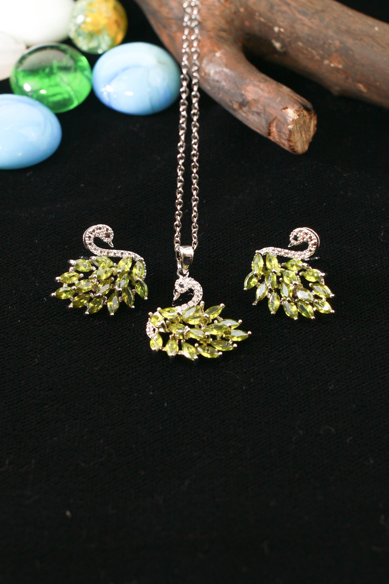 Green Peacock Crystal Pendant Set - Maxiblink