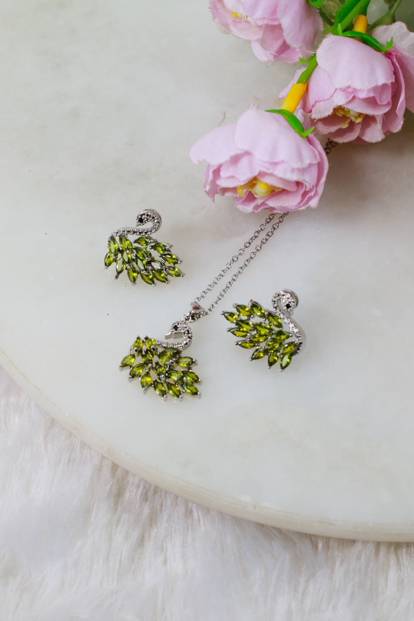 Green Peacock Crystal Pendant Set - Maxiblink