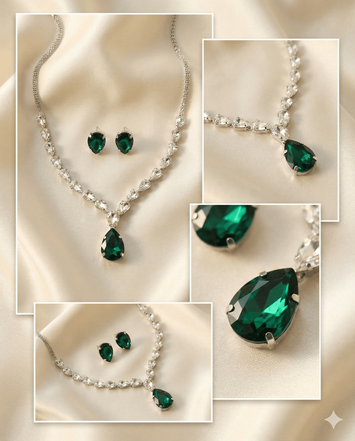 Green Teardrop Korean Glass Stone Necklace Set | Luxury Crystal Jewellery - Maxiblink