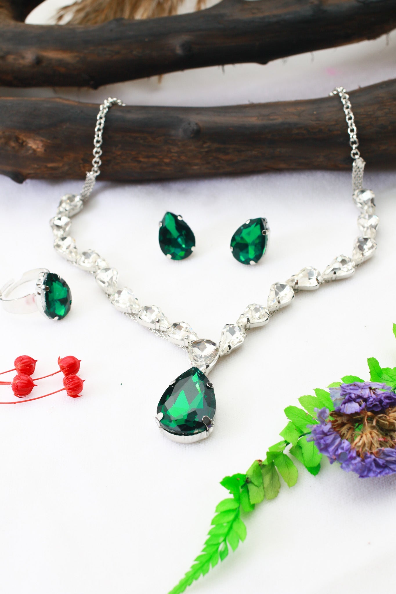 Green Teardrop Korean Glass Stone Necklace Set | Luxury Crystal Jewellery - Maxiblink