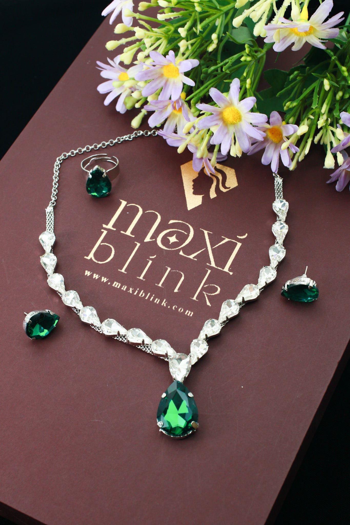 Green Teardrop Korean Glass Stone Necklace Set | Luxury Crystal Jewellery - Maxiblink