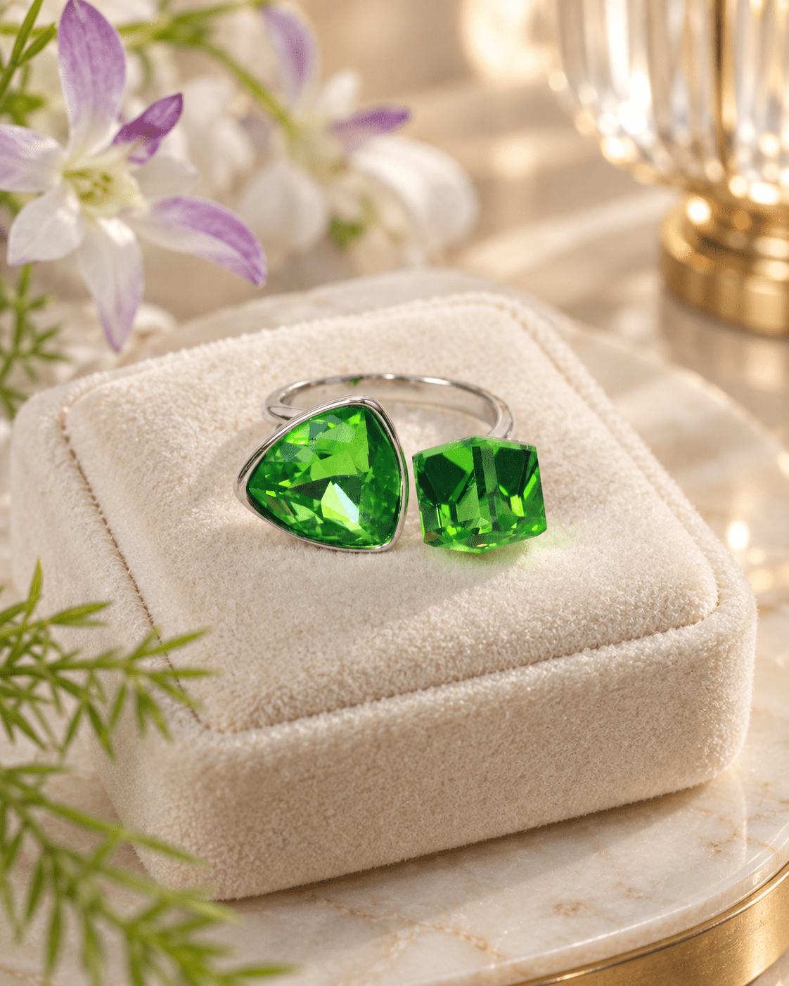 Green Trillion & Cube Crystal Open Ring - Maxiblink